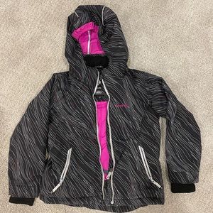 Kamik Girls Winter Coat, black striped, size 6.